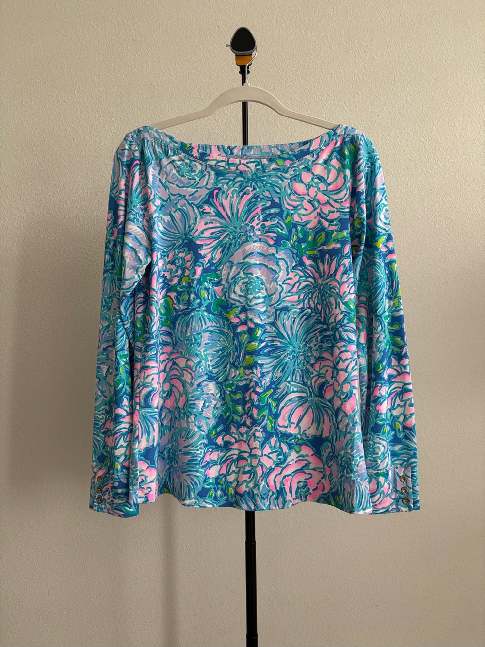 Lilly Pulitzer Womens L Blue Pink Floral Boatneck Long Sleeve Top